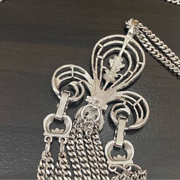 70s SARAH COVENTRY Grecian Silver-tone Fleur De Lis Tassel Draped Chain Necklace - Picture 12 of 14